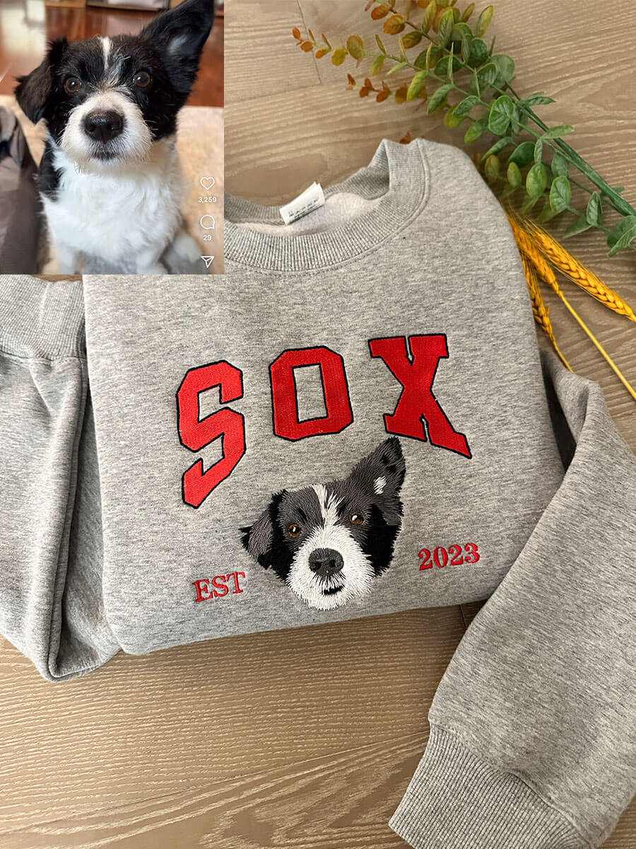 ペットのポートレートをカスタム刺繍したスウェットシャツ