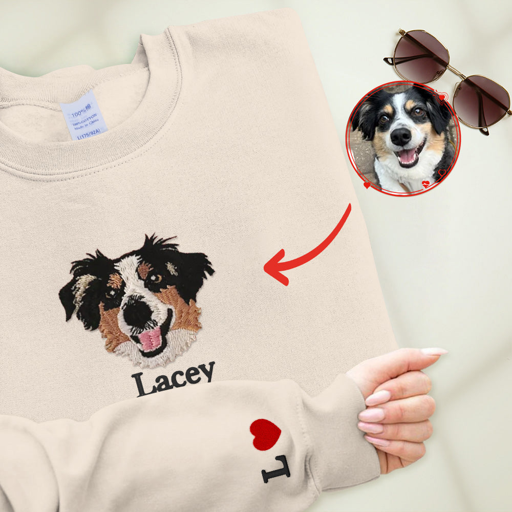 Pet embroidered sweatshirts. Unisex pet embroidered t-shirts. Clothing with embroidered pet portraits. Custom pet sweatshirts. Dog walking gifts