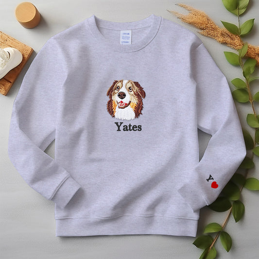 ペットの刺繍入りスウェットシャツ。ユニセックスのペットの刺繍Tシャツ。ペットのポートレートを刺繍した服。カスタムペットスウェットシャツ。犬の散歩プレゼント