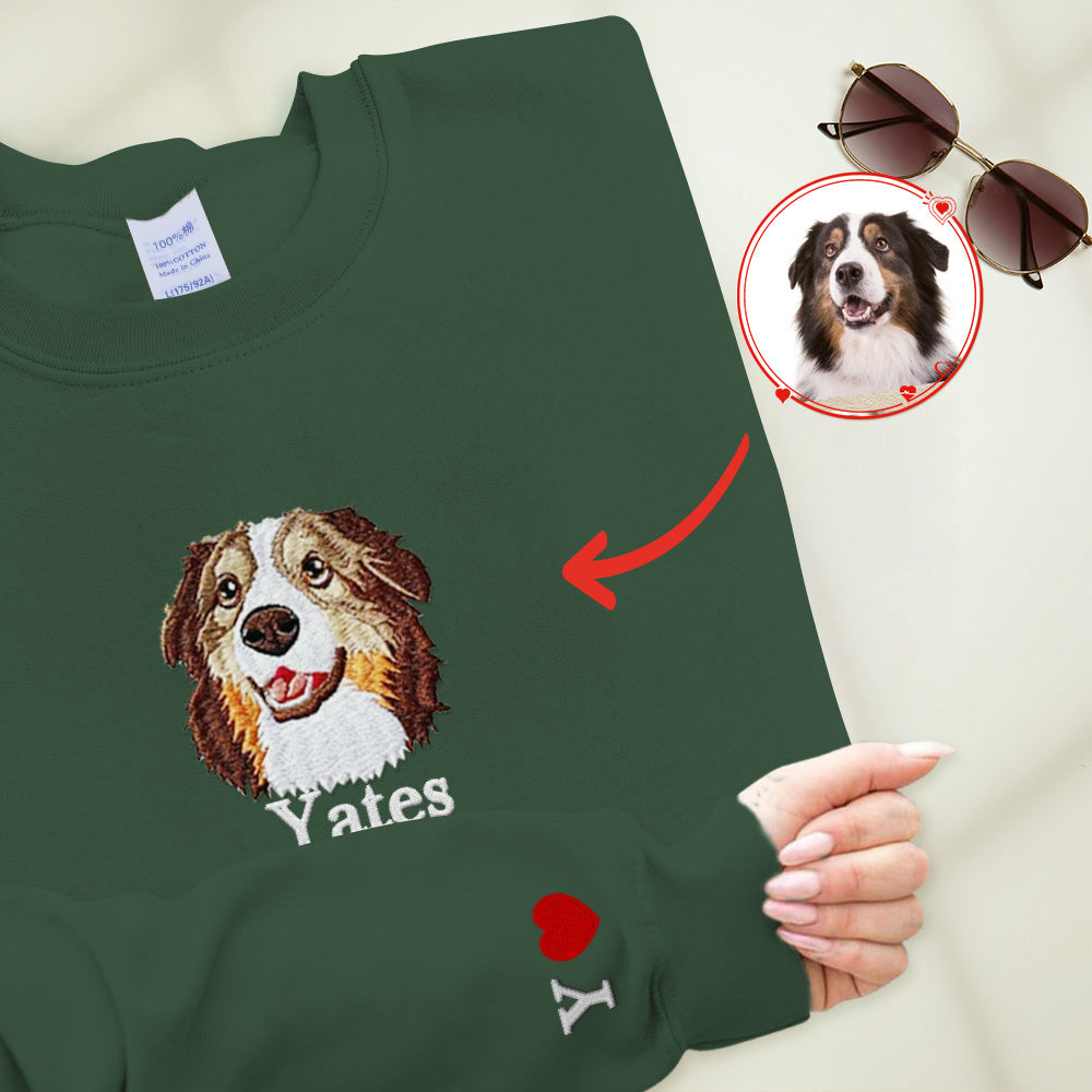 ペットの刺繍入りスウェットシャツ。ユニセックスのペットの刺繍Tシャツ。ペットのポートレートを刺繍した服。カスタムペットスウェットシャツ。犬の散歩プレゼント
