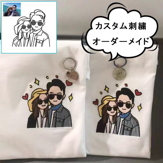 カップルポートレート刺繍パーカー、カップルマッチング写真スウェットシャツ、刺繍パーカー、カップルマッチング記念日ギフト、彼女へのギフト