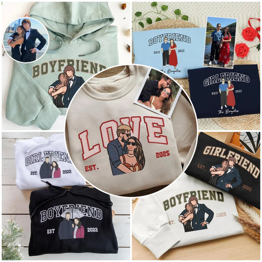 カップル写真刺繍フーディー | パーソナライズされた彼と彼女のスウェットシャツ | カップル向け記念日ギフト