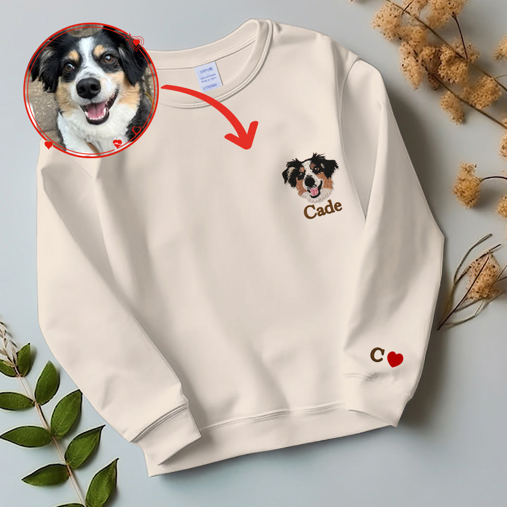 Pet embroidered sweatshirts. Unisex pet embroidered t-shirts. Clothing with embroidered pet portraits. Custom pet sweatshirts. Dog walking gifts