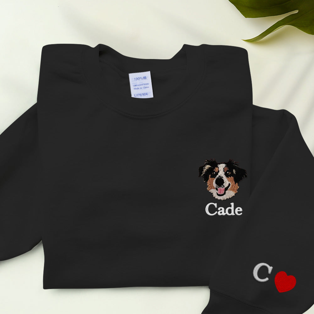 Pet embroidered sweatshirts. Unisex pet embroidered t-shirts. Clothing with embroidered pet portraits. Custom pet sweatshirts. Dog walking gifts