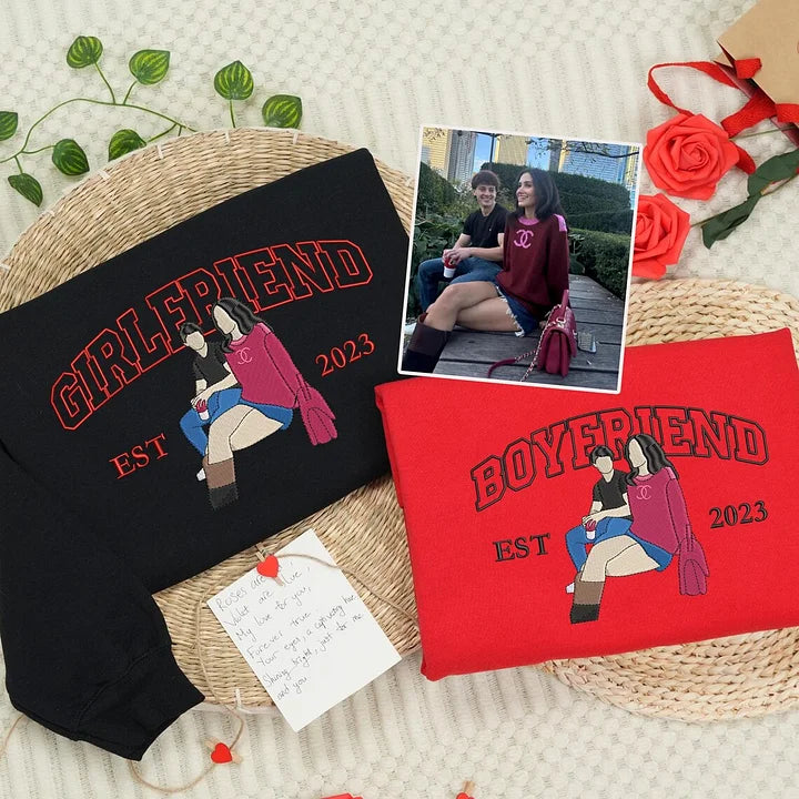 カップル写真刺繍フーディー | パーソナライズされた彼と彼女のスウェットシャツ | カップル向け記念日ギフト
