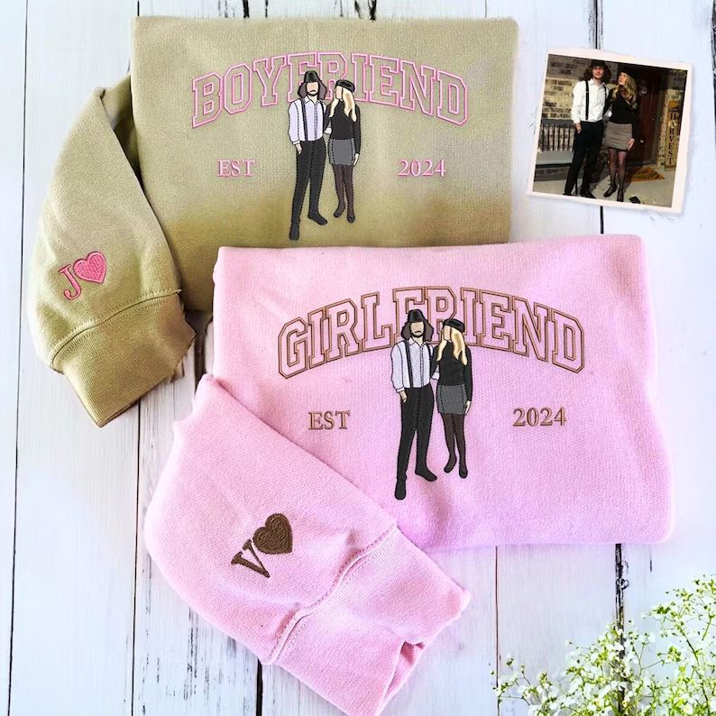 カップル写真刺繍フーディー、パーソナライズされた彼と彼女のスウェットシャツ