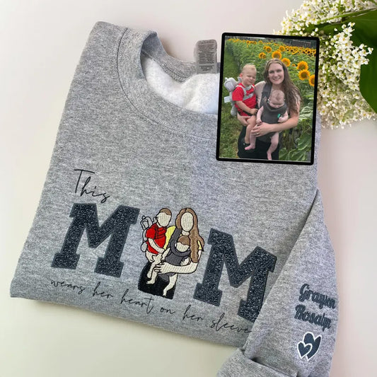 💝この「ママの愛を着る」母の日刺繍スパンコールTシャツ、スウェットシャツ、パーカー