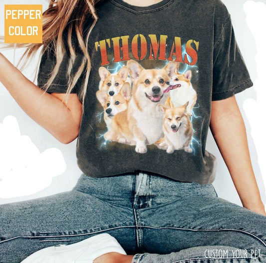 カスタム犬用Tシャツ、レトロ犬用シャツ、パーソナライズされたペットプリントシャツ、90年代シャツ