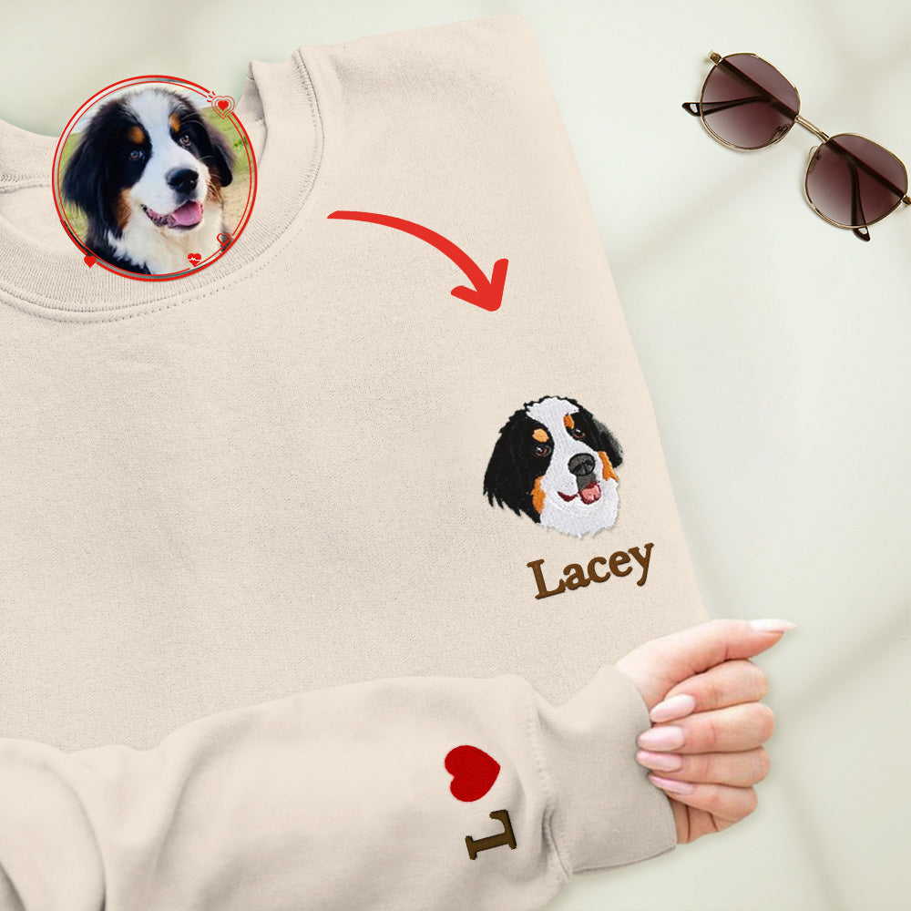 ペットの刺繍入りスウェットシャツ。ユニセックスのペットの刺繍Tシャツ。ペットのポートレートを刺繍した服。カスタムペットスウェットシャツ。犬の散歩プレゼント