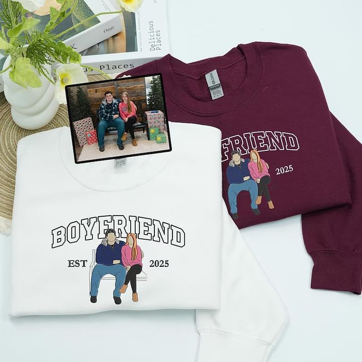 カップル写真刺繍フーディー | パーソナライズされた彼と彼女のスウェットシャツ | カップル向け記念日ギフト
