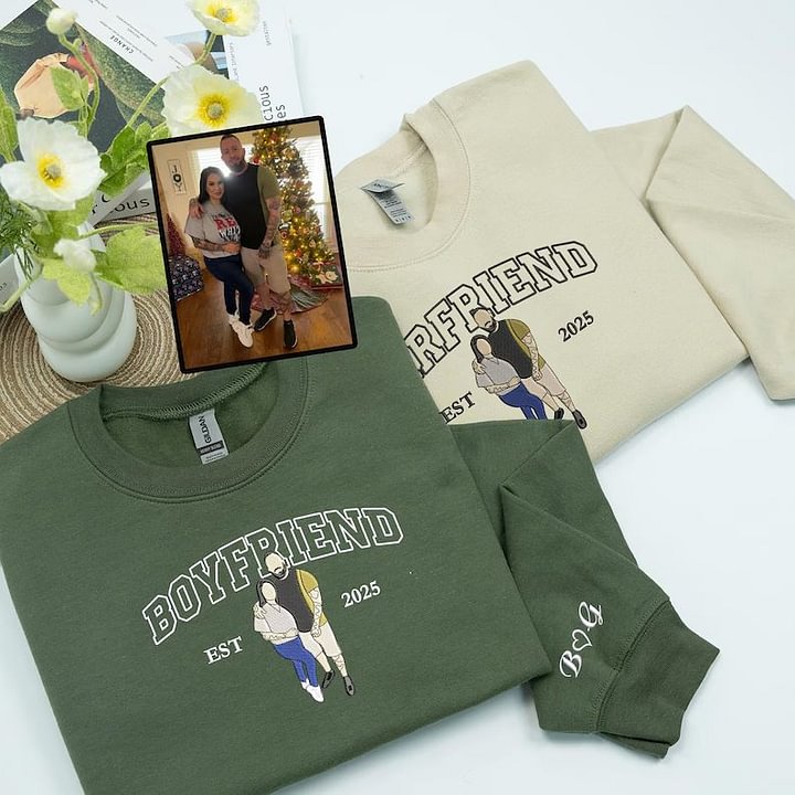 カップル写真刺繍フーディー | パーソナライズされた彼と彼女のスウェットシャツ | カップル向け記念日ギフト