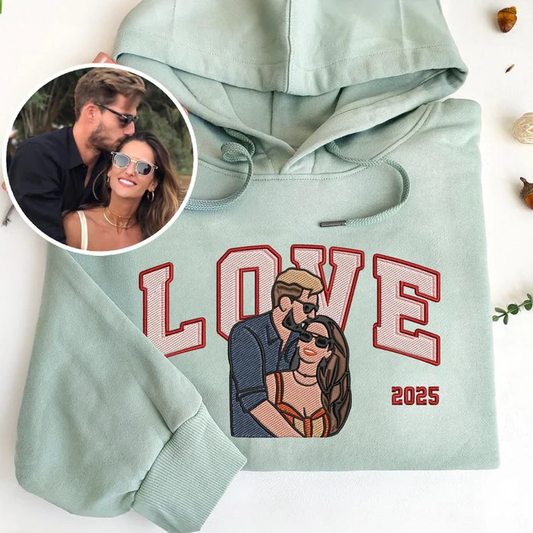 カップル写真刺繍フーディー | パーソナライズされた彼と彼女のスウェットシャツ | カップル向け記念日ギフト