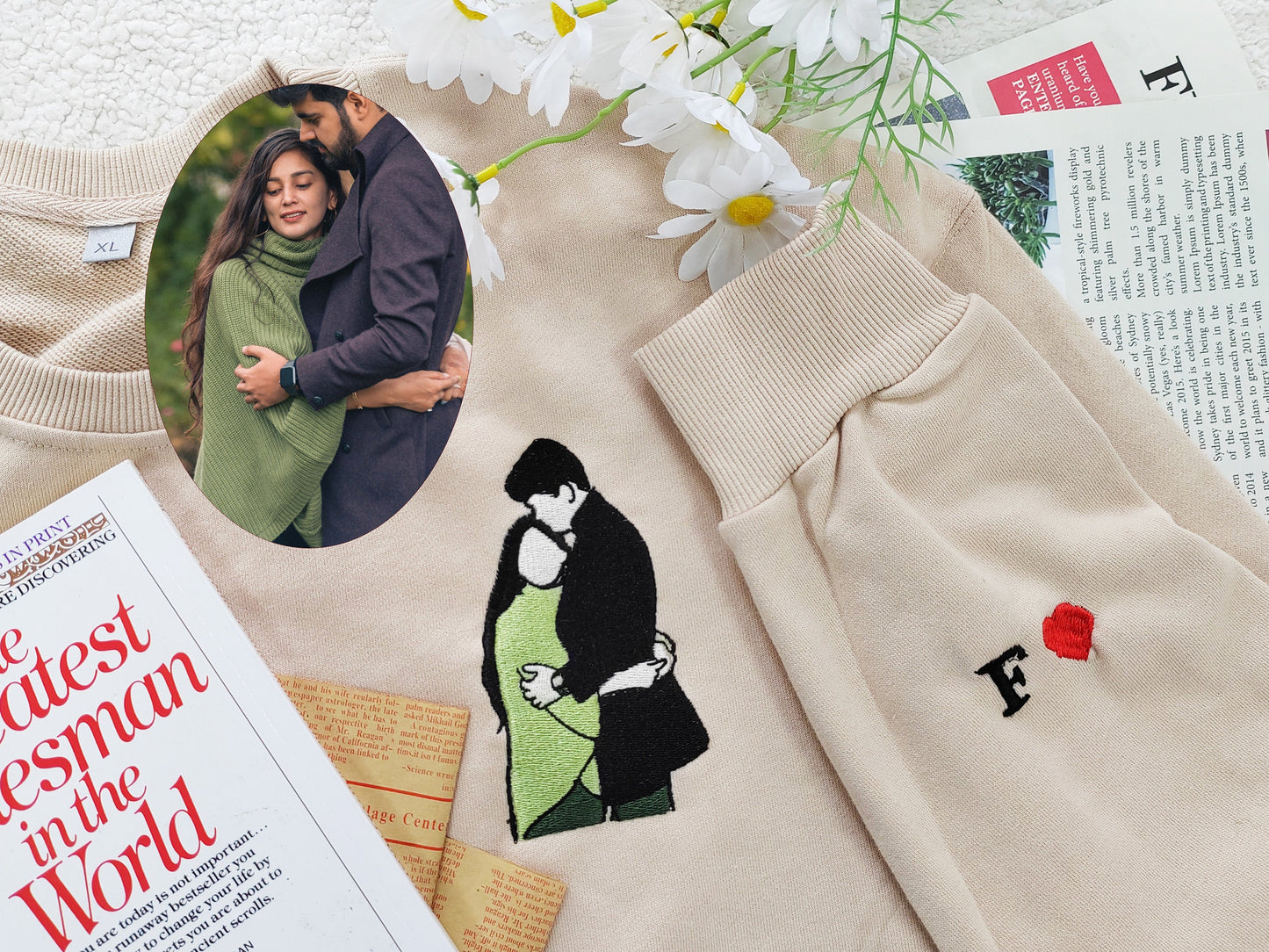 Custom Personalized Photo Portrait Embroidery Sweatshirt, Couple Hoodies, Line Art Photo Sweatshirt, Gift for Her