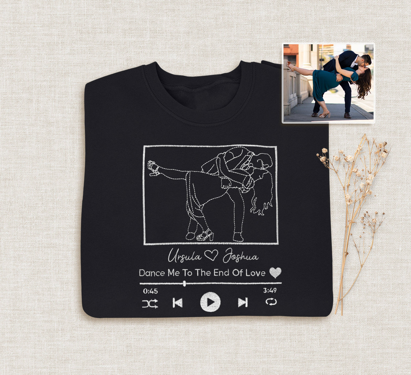 歌付きカスタム刺繍ポートレートスウェットシャツ、刺繍アウトライン写真スウェットシャツ、パーソナライズされたカップルパーカー、写真からのポートレート