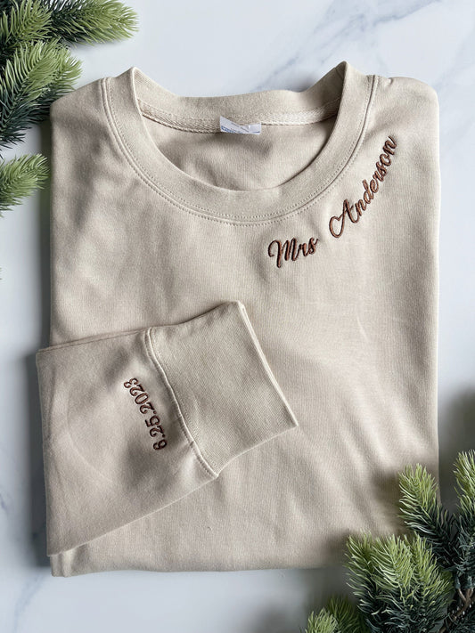 襟に刺繍名スウェットシャツパーカー刺繍カレッジカップルマッチングパーカークルーネック女子学生クラブ記念日ギフト