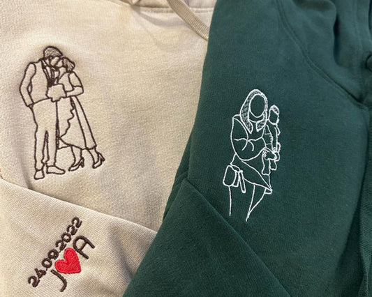 カスタム写真刺繍パーカー、写真からパーソナライズされたカップルのスケッチユニセックスパーカー、1周年記念特別日付イニシャルマッチングジャンパー