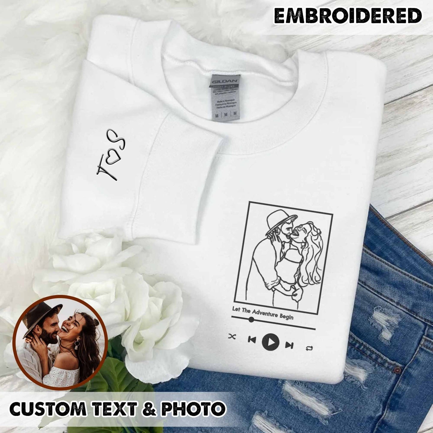 Custom Embroidered Portrait from Photo Sweatshirt, Custom Embroidered Couple Sweatshirt, Custom Couple Sweatshirt, Gifts for Him, Gifts for Her
