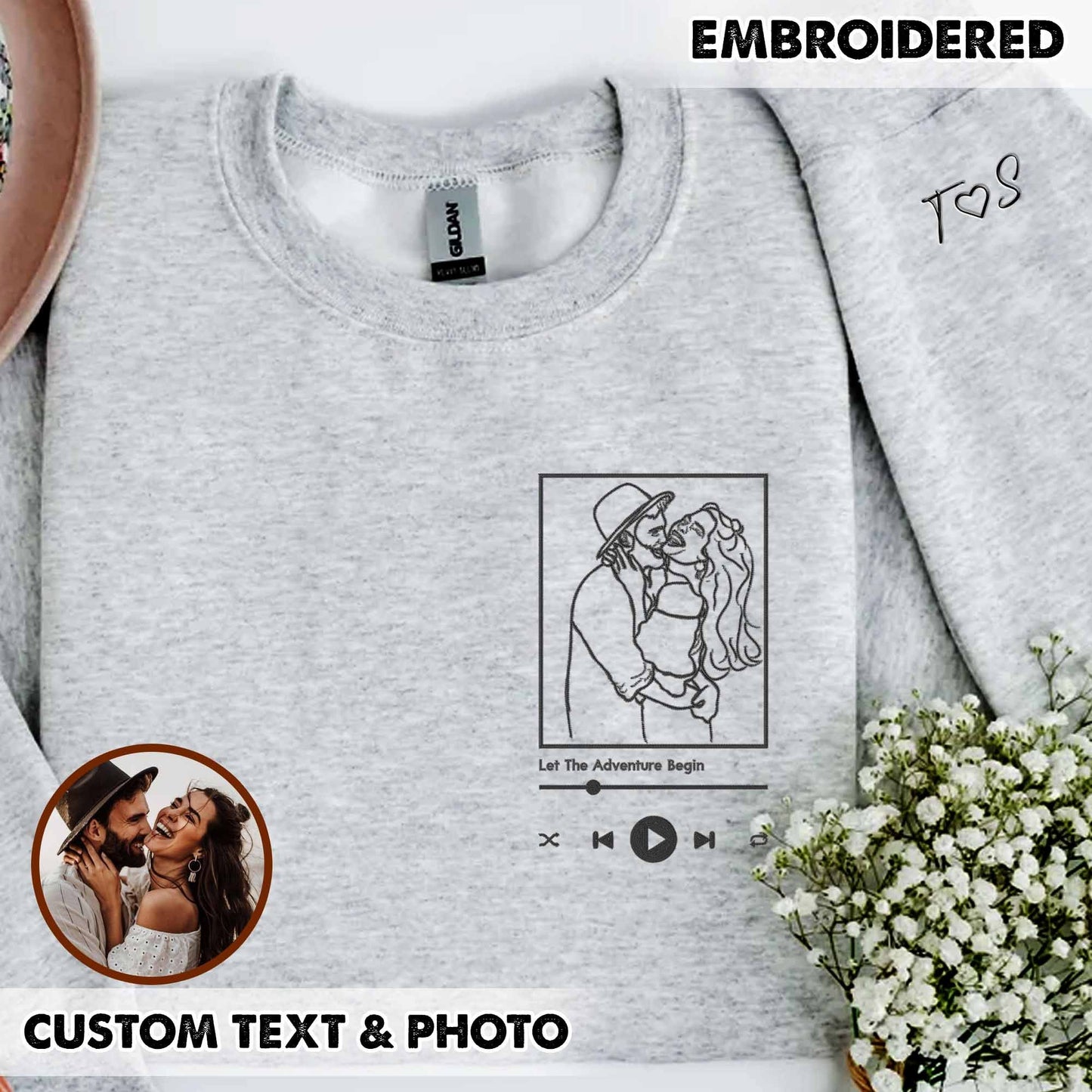 Custom Embroidered Portrait from Photo Sweatshirt, Custom Embroidered Couple Sweatshirt, Custom Couple Sweatshirt, Gifts for Him, Gifts for Her