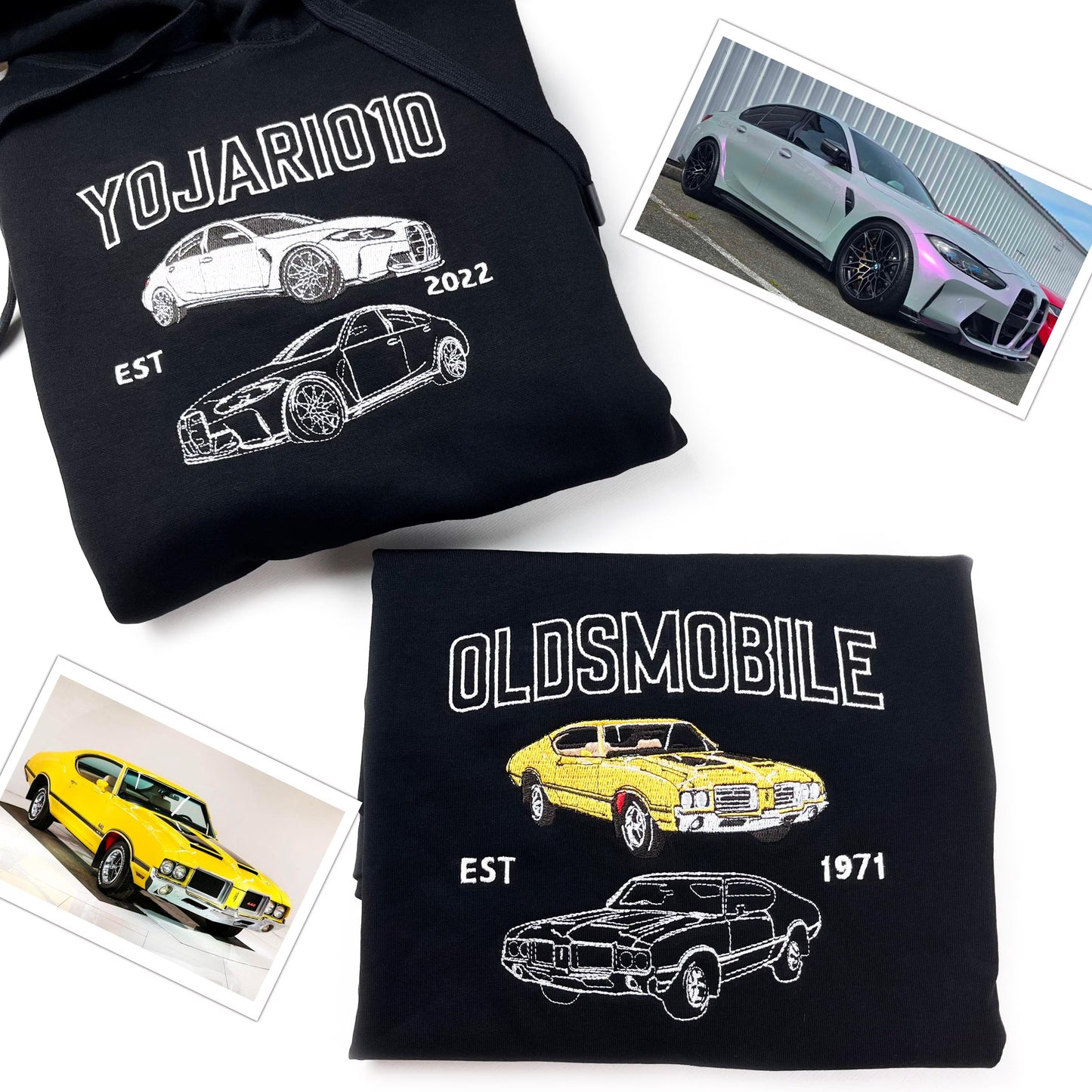 カスタムカー写真ダブル刺繍 Tシャツ/パーカー/スウェット — 彼氏・夫・カーラバーへのサプライズギフト
