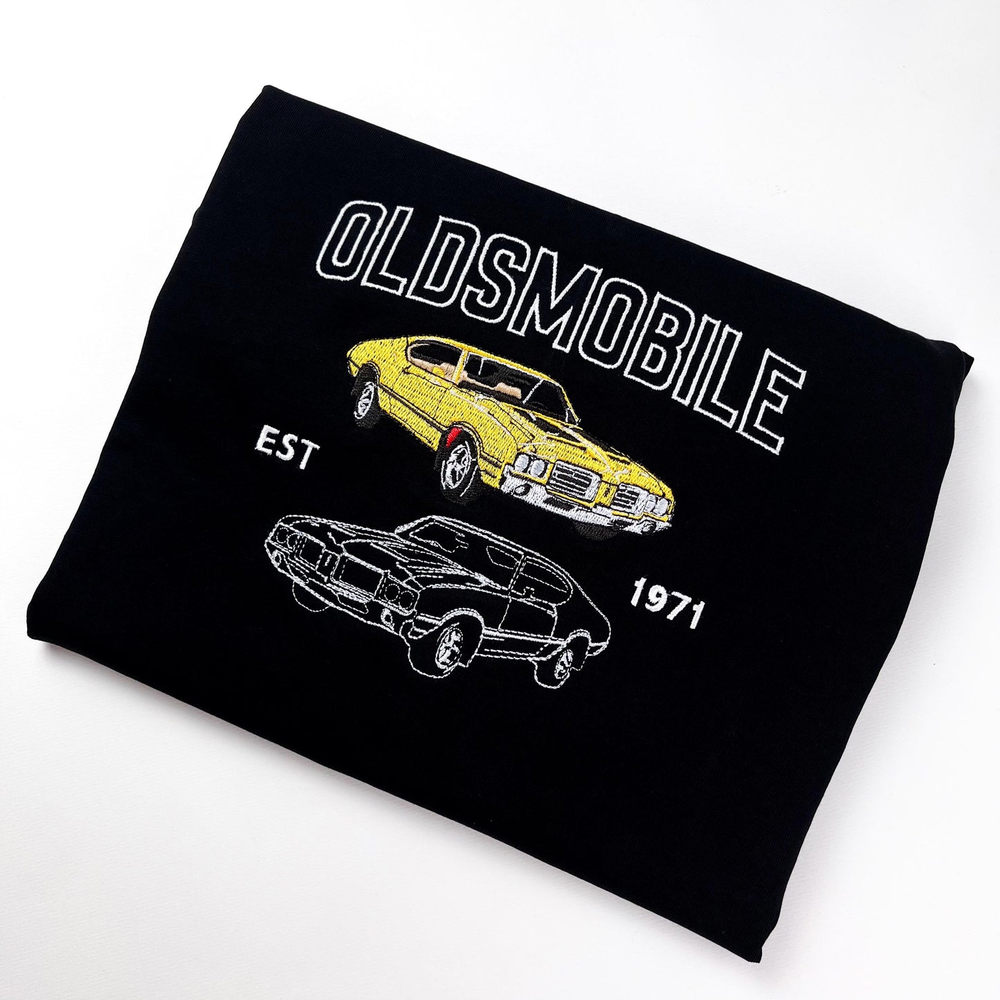 カスタムカー写真ダブル刺繍 Tシャツ/パーカー/スウェット — 彼氏・夫・カーラバーへのサプライズギフト