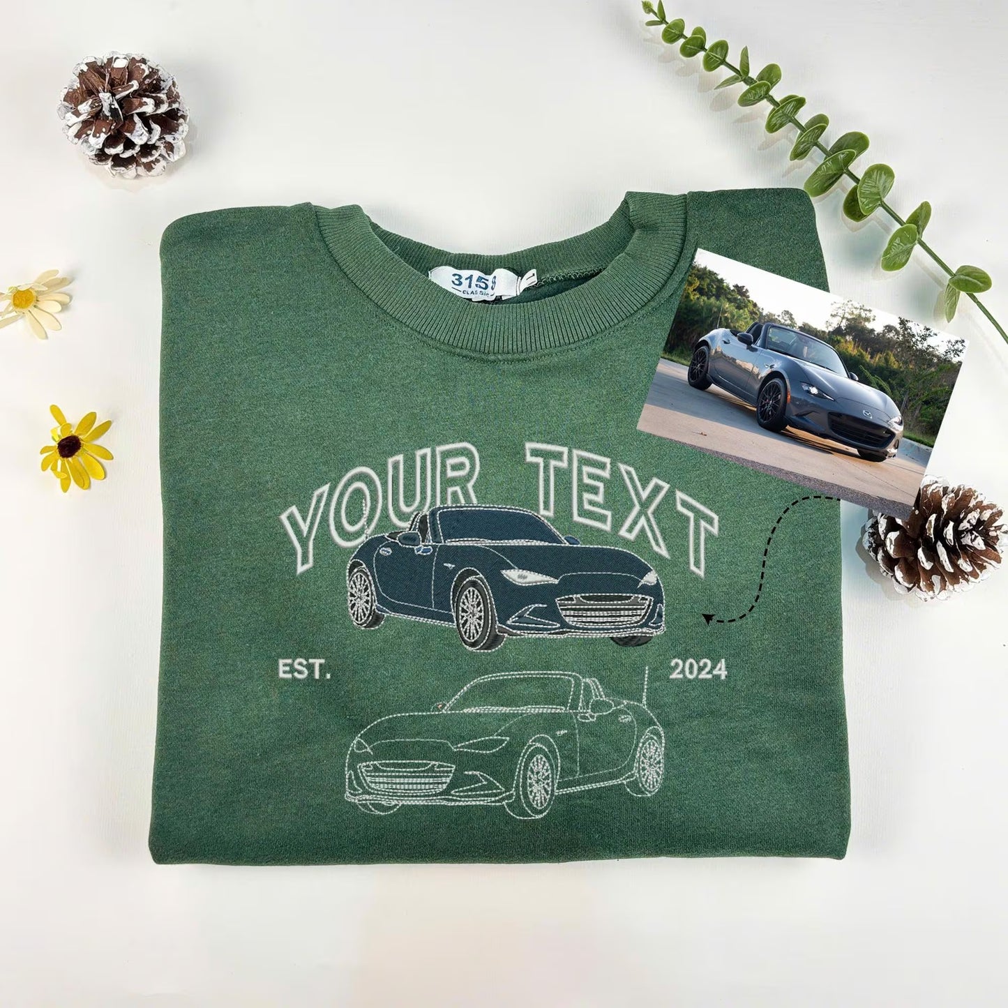 カスタムカー写真ダブル刺繍 Tシャツ/パーカー/スウェット — 彼氏・夫・カーラバーへのサプライズギフト