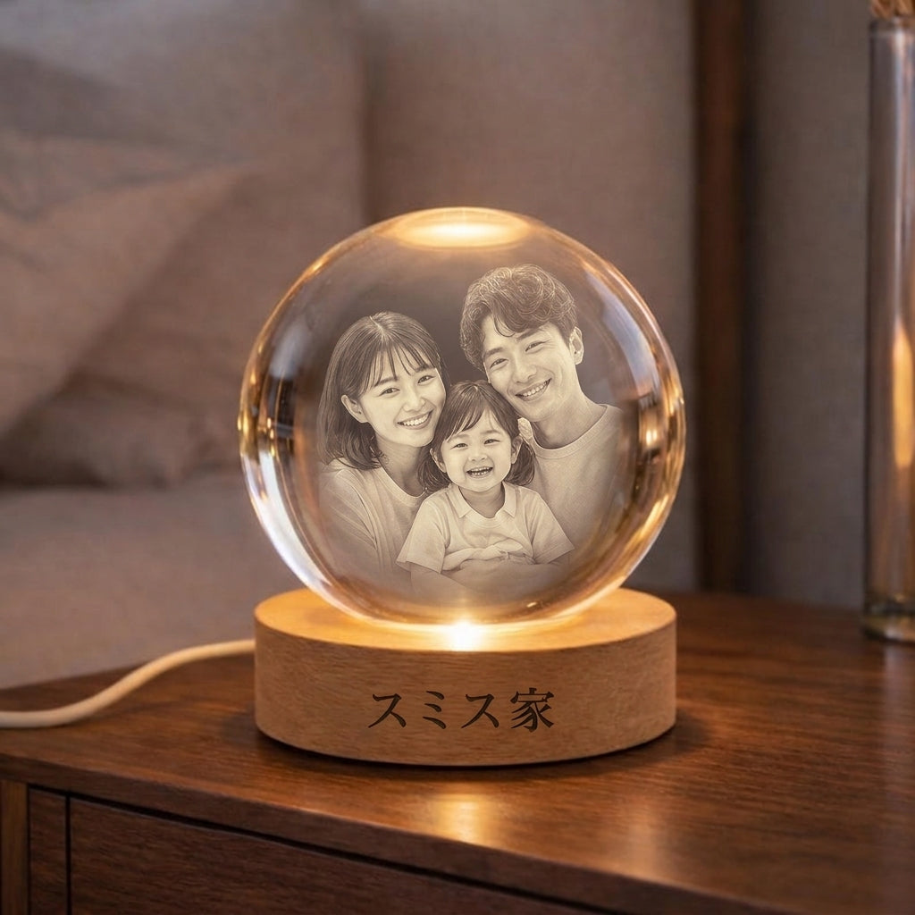 パーソナライズされた3Dクリスタルボール写真ポートレートLED、彫刻されたフォトボールLEDナイトライト、母の日ギフト、家族写真ギフト、記念日ギフト