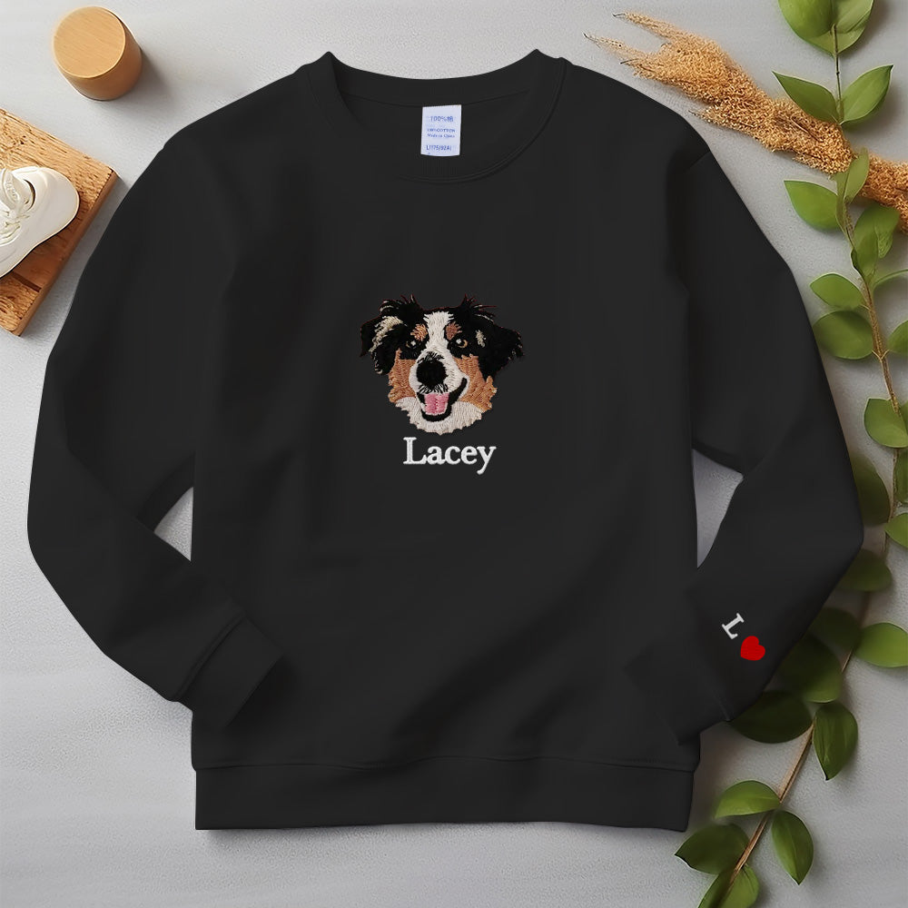 Pet embroidered sweatshirts. Unisex pet embroidered t-shirts. Clothing with embroidered pet portraits. Custom pet sweatshirts. Dog walking gifts