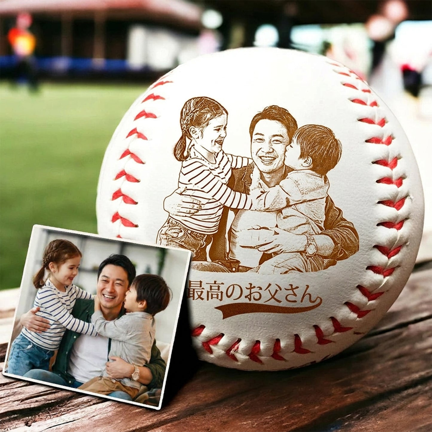 お父さんへの父の日ギフトにぴったりの、写真入り野球グッズのパーソナライズギフト