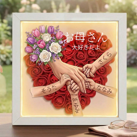 「チューリップと白いバラ」— お母さんと手をつなぐ姿を刻むオーダーメイド・フラワーシャドーボックス — 愛を込めたメモリアルギフト