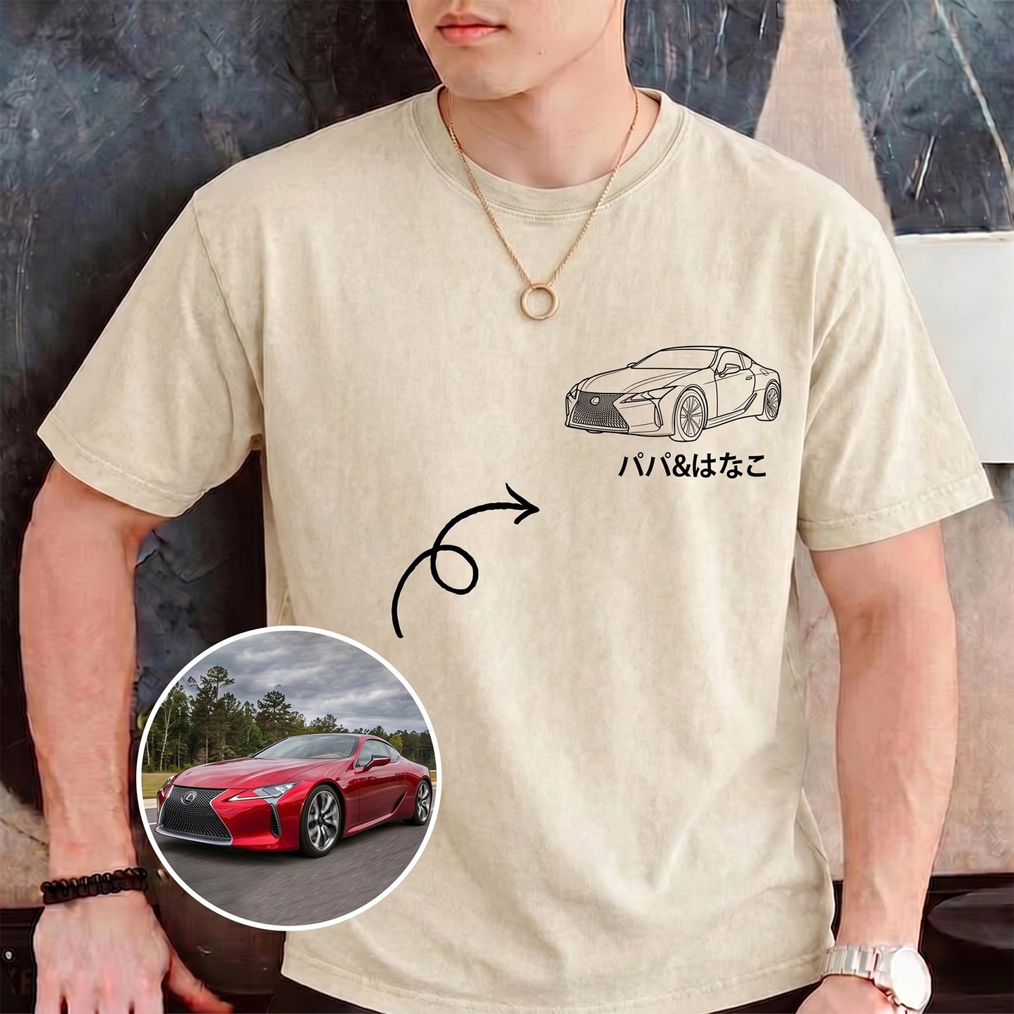 水洗いヴィンテージ加工の愛車ラインアートTシャツ — 父の日に贈る、思い出のポートレート