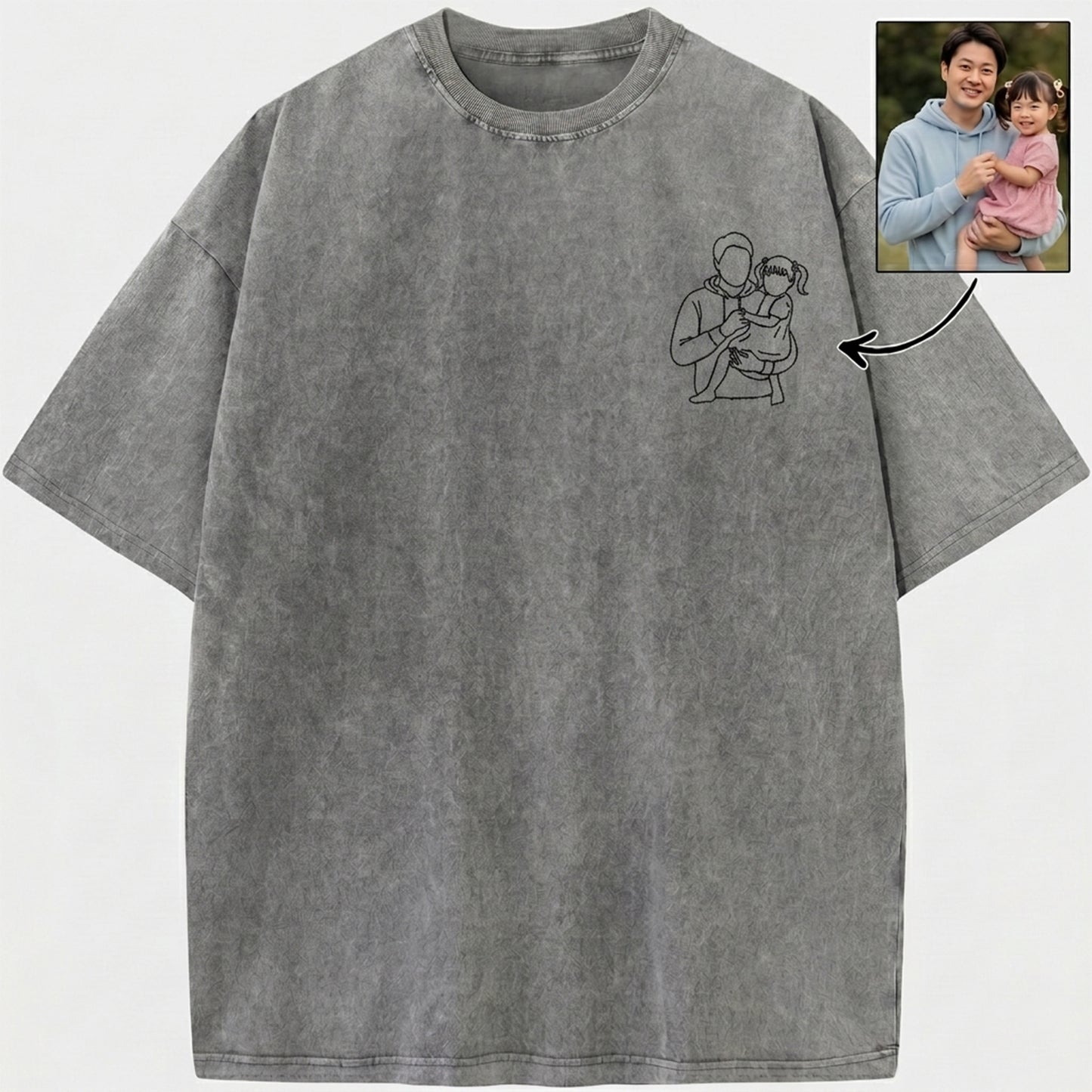 カスタム・パーソナライズド「お父さんの肖像」刺繍入りウォッシュドTシャツ