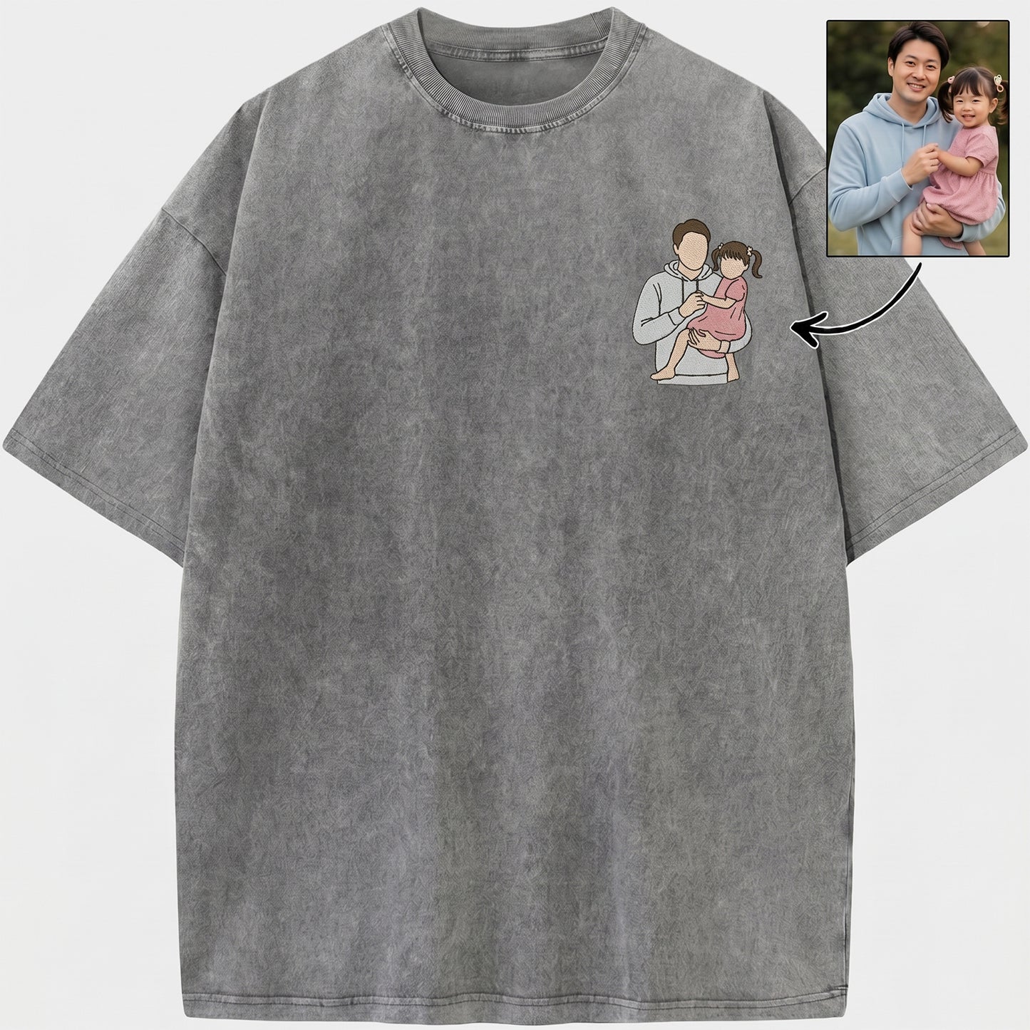 カスタム・パーソナライズド「お父さんの肖像」刺繍入りウォッシュドTシャツ