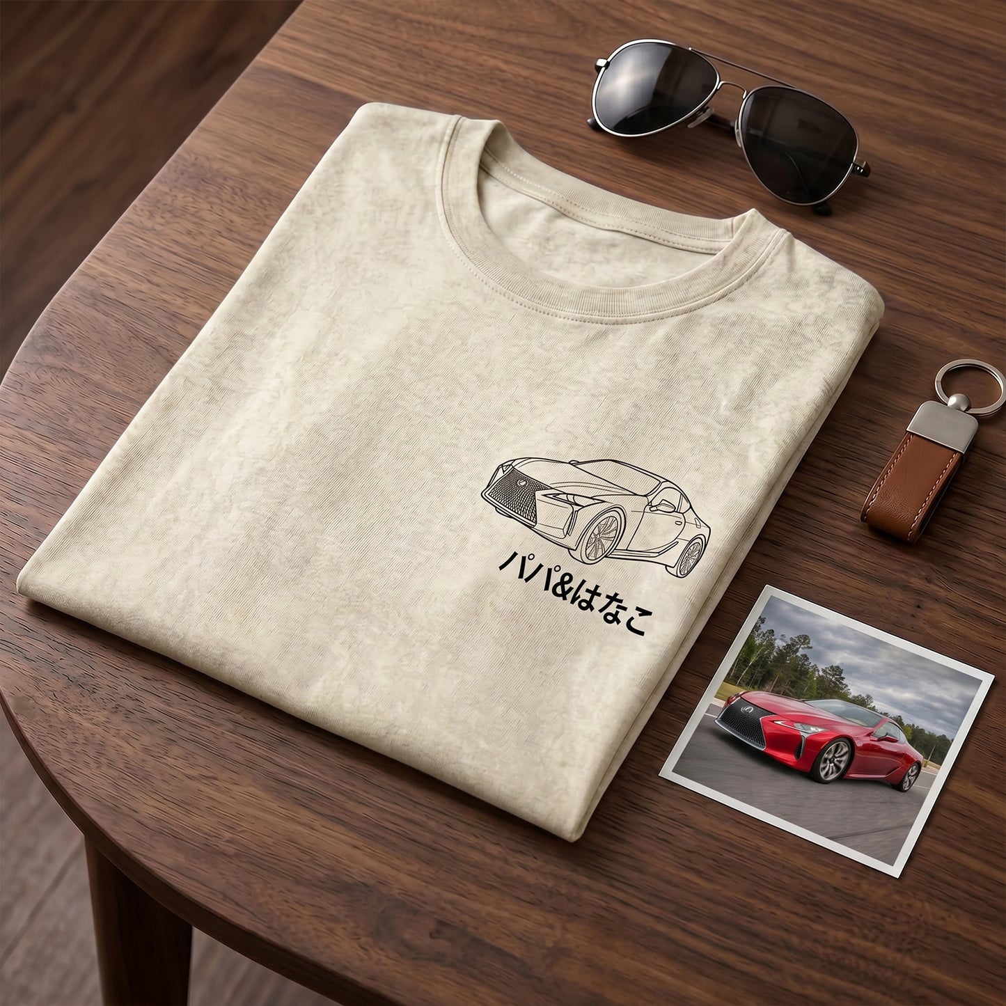 水洗いヴィンテージ加工の愛車ラインアートTシャツ — 父の日に贈る、思い出のポートレート