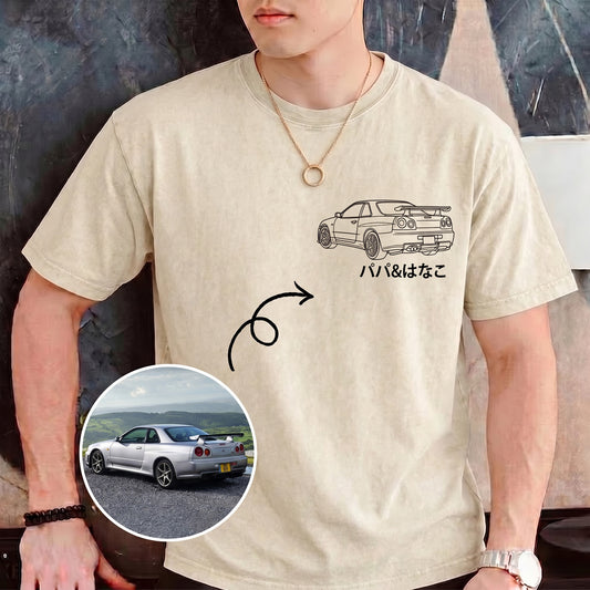 水洗いヴィンテージ加工の愛車ラインアートTシャツ — 父の日に贈る、思い出のポートレート