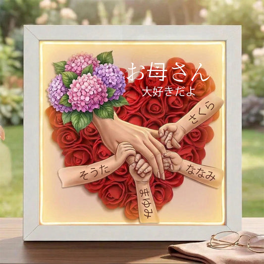 「紫陽花」— お母さんと手をつなぐ花 — 名入れシャドーボックス — 母の日の記念フレーム
