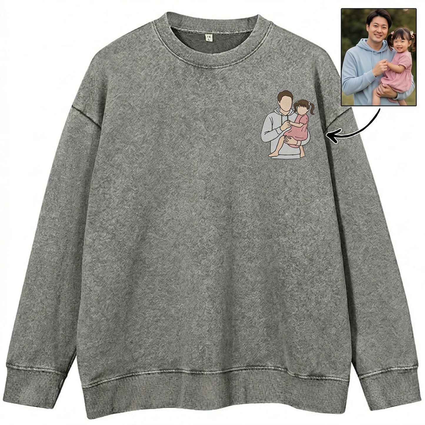 カスタム・パーソナライズド「お父さんの肖像」刺繍入りウォッシュドTシャツ