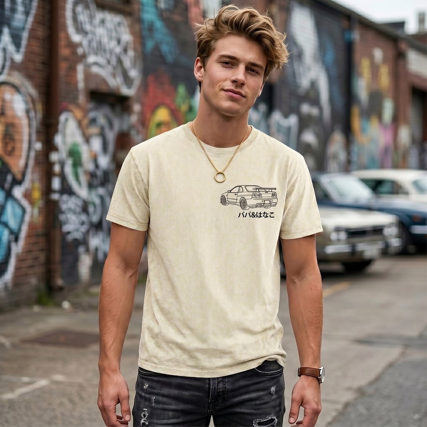 水洗いヴィンテージ加工の愛車ラインアートTシャツ — 父の日に贈る、思い出のポートレート
