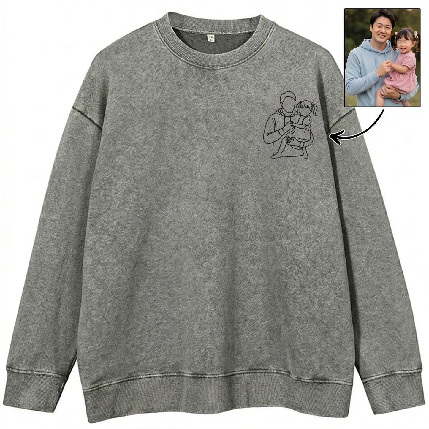 カスタム・パーソナライズド「お父さんの肖像」刺繍入りウォッシュドTシャツ