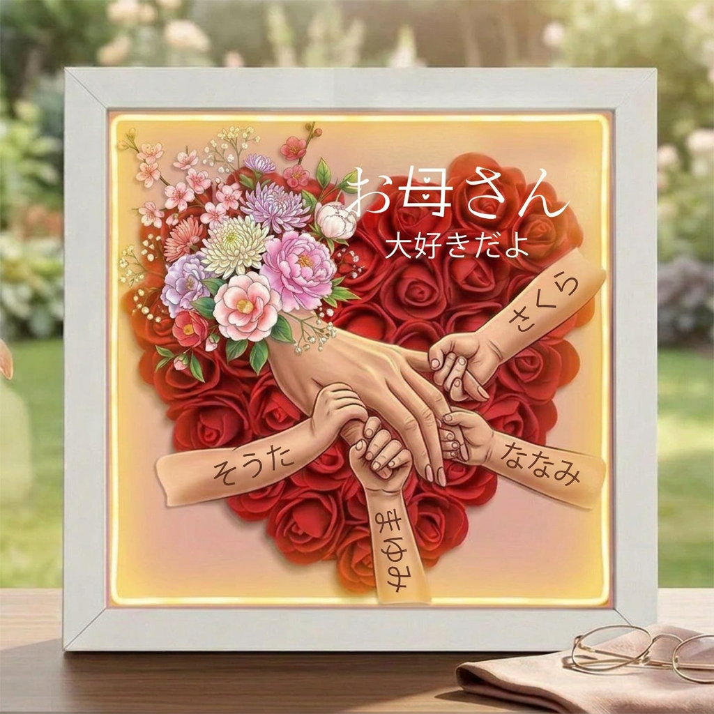 「桜のミックス花束」— お母さんと手をつなぐ花 — 名入れシャドーボックス — 母の日の記念フレーム