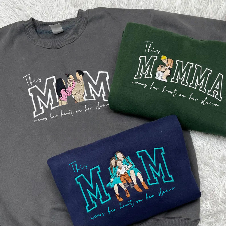 💝この「ママの愛を着る」母の日刺繍スパンコールTシャツ、スウェットシャツ、パーカー