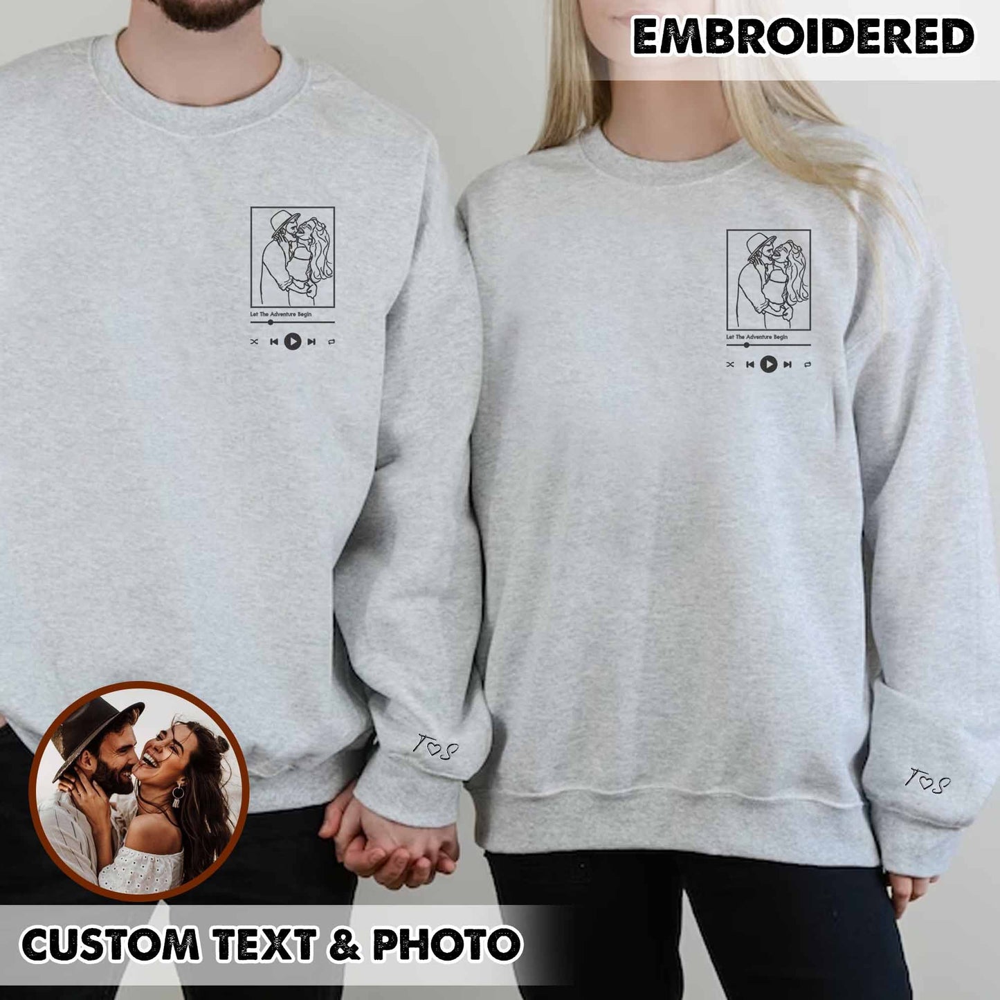 Custom Embroidered Portrait from Photo Sweatshirt, Custom Embroidered Couple Sweatshirt, Custom Couple Sweatshirt, Gifts for Him, Gifts for Her