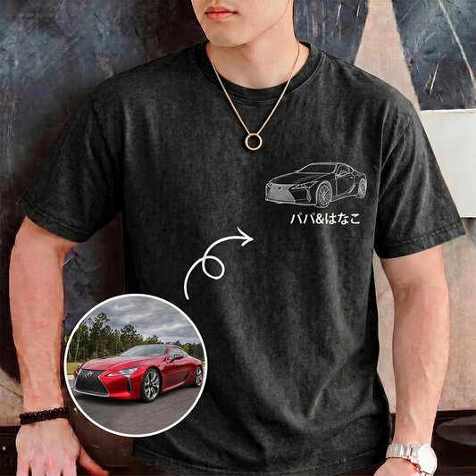 水洗いヴィンテージ加工の愛車ラインアートTシャツ — 父の日に贈る、思い出のポートレート
