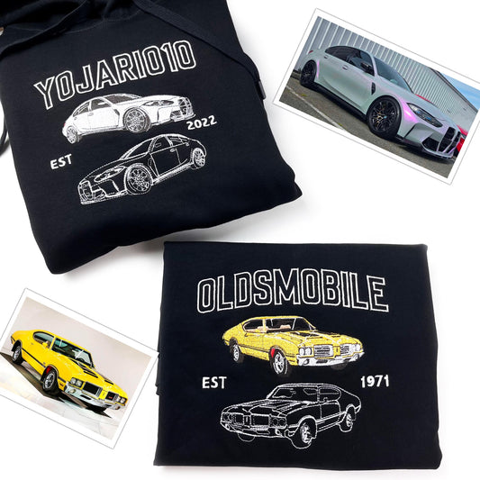 カスタムカー写真ダブル刺繍 Tシャツ／パーカー／スウェット — 彼氏・夫・カーラバーへのサプライズギフト