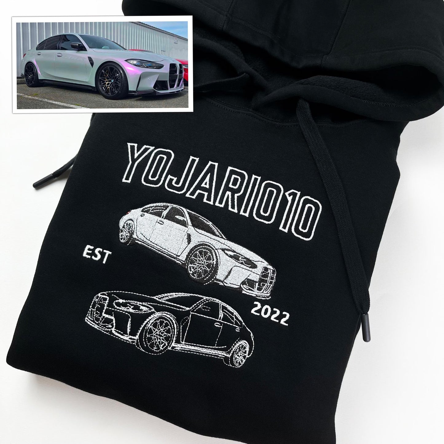 カスタムカー写真ダブル刺繍 Tシャツ／パーカー／スウェット — 彼氏・夫・カーラバーへのサプライズギフト